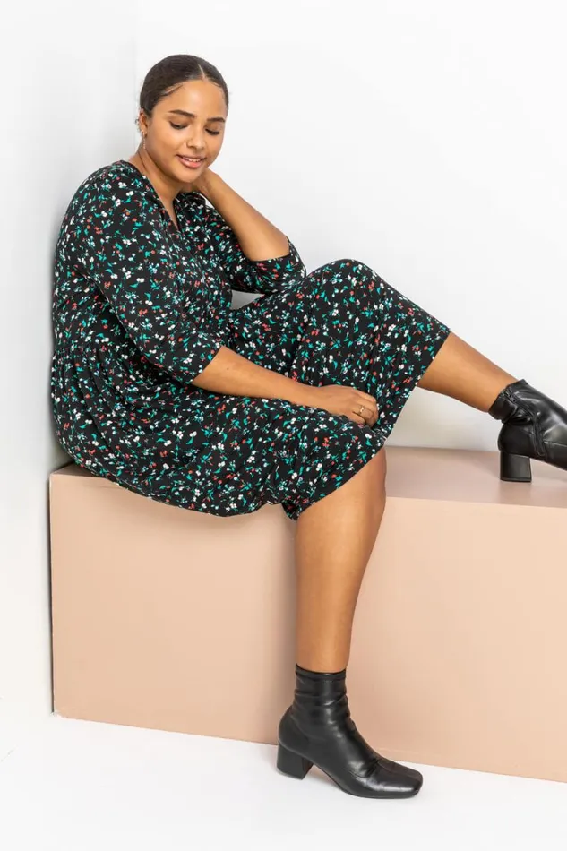 Black Curve Floral Midi Dress Women Roman Dresses