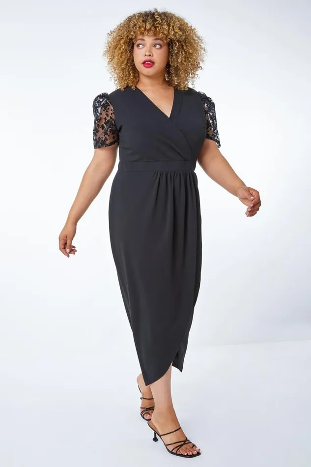 Black Curve Floral Sheer Sleeve Wrap Dress Women Roman Dresses