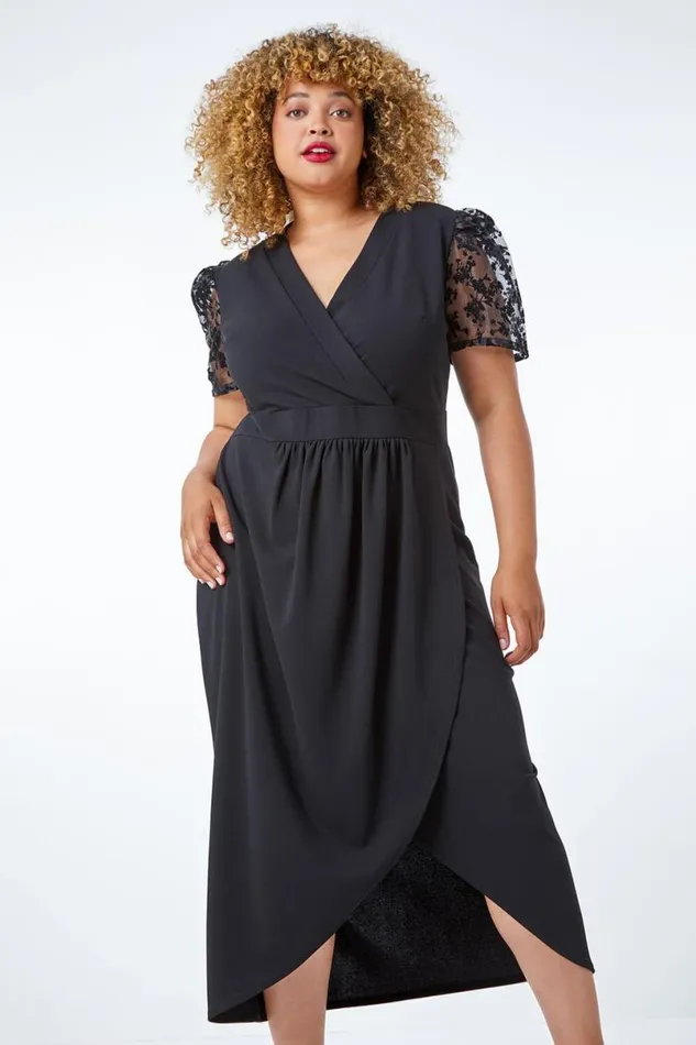 Black Curve Floral Sheer Sleeve Wrap Dress Women Roman Dresses