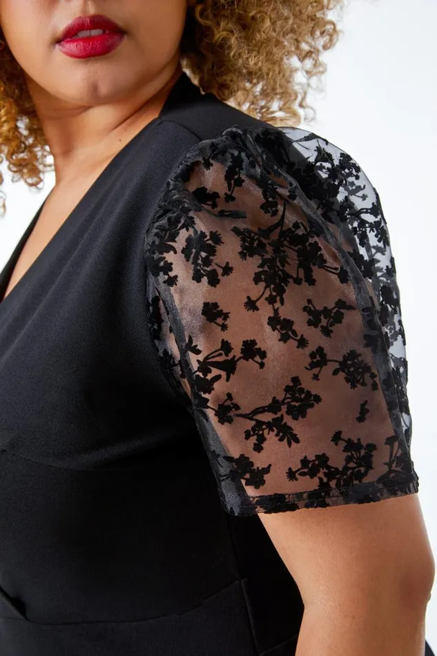Black Curve Floral Sheer Sleeve Wrap Dress Women Roman Dresses