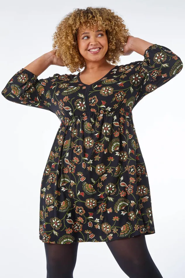 Black Curve Floral Stretch Dress Women Roman Dresses