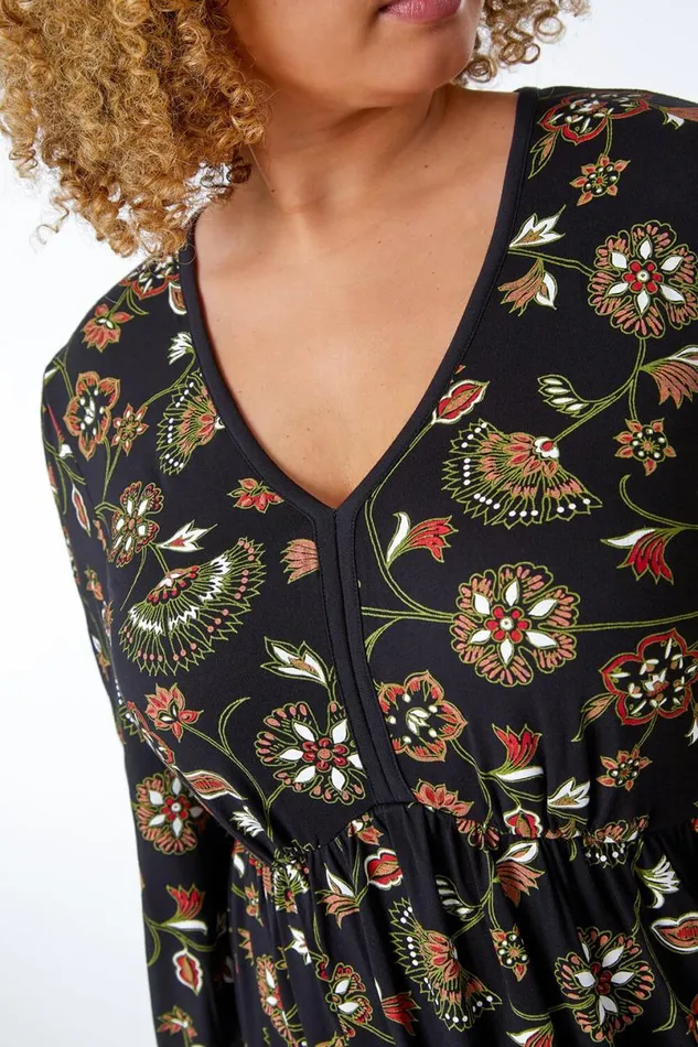 Black Curve Floral Stretch Dress Women Roman Dresses