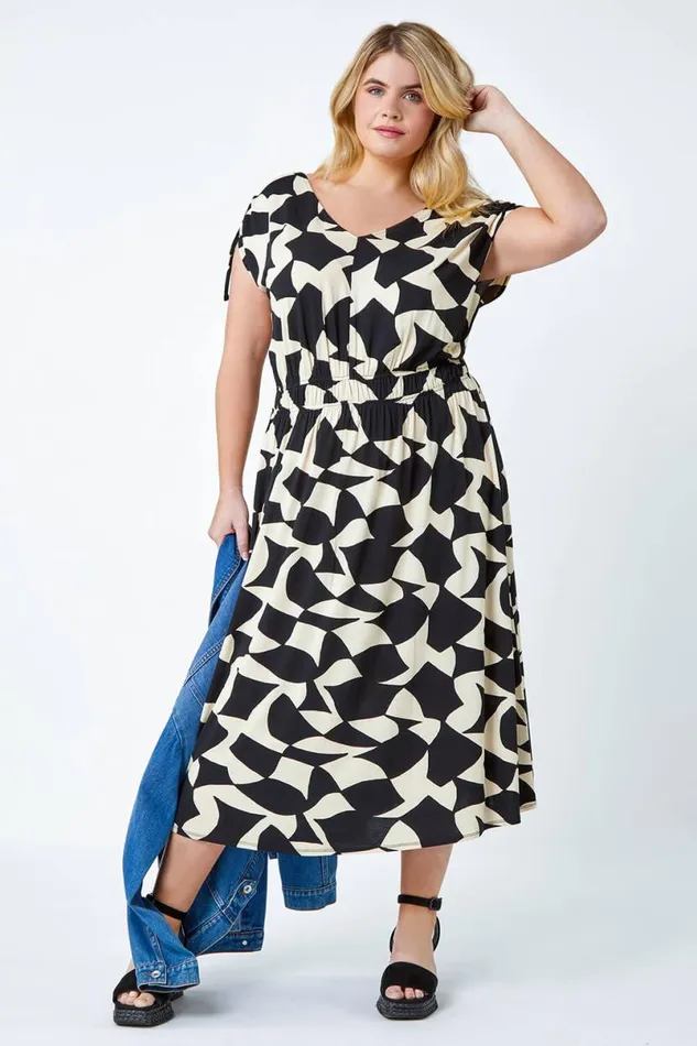 Black Curve Geometric Print Ruched Stretch Midi Dress Women Roman Dresses
