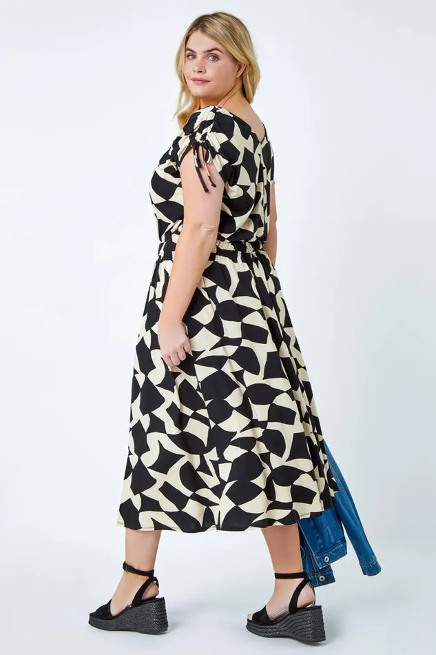 Black Curve Geometric Print Ruched Stretch Midi Dress Women Roman Dresses