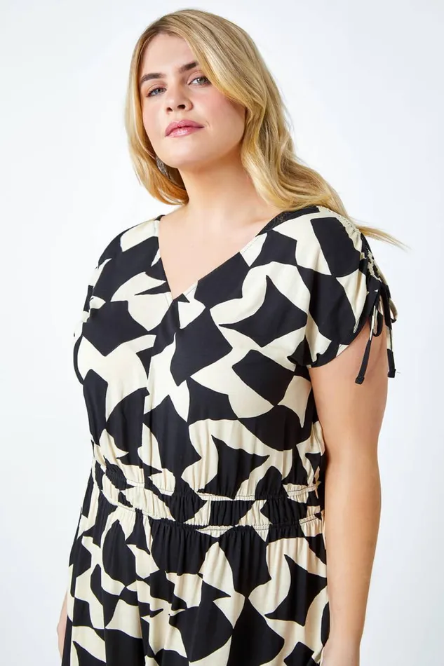 Black Curve Geometric Print Ruched Stretch Midi Dress Women Roman Dresses