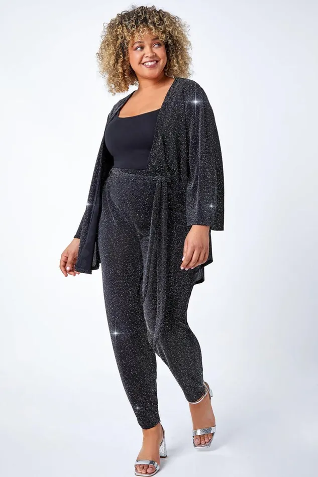 Black Curve Glitter Belted Tapered Stretch Trousers Women Roman Trousers