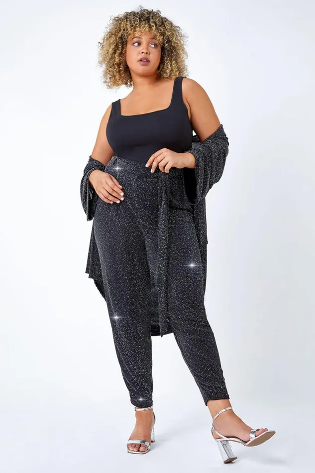 Black Curve Glitter Belted Tapered Stretch Trousers Women Roman Trousers