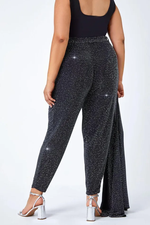 Black Curve Glitter Belted Tapered Stretch Trousers Women Roman Trousers
