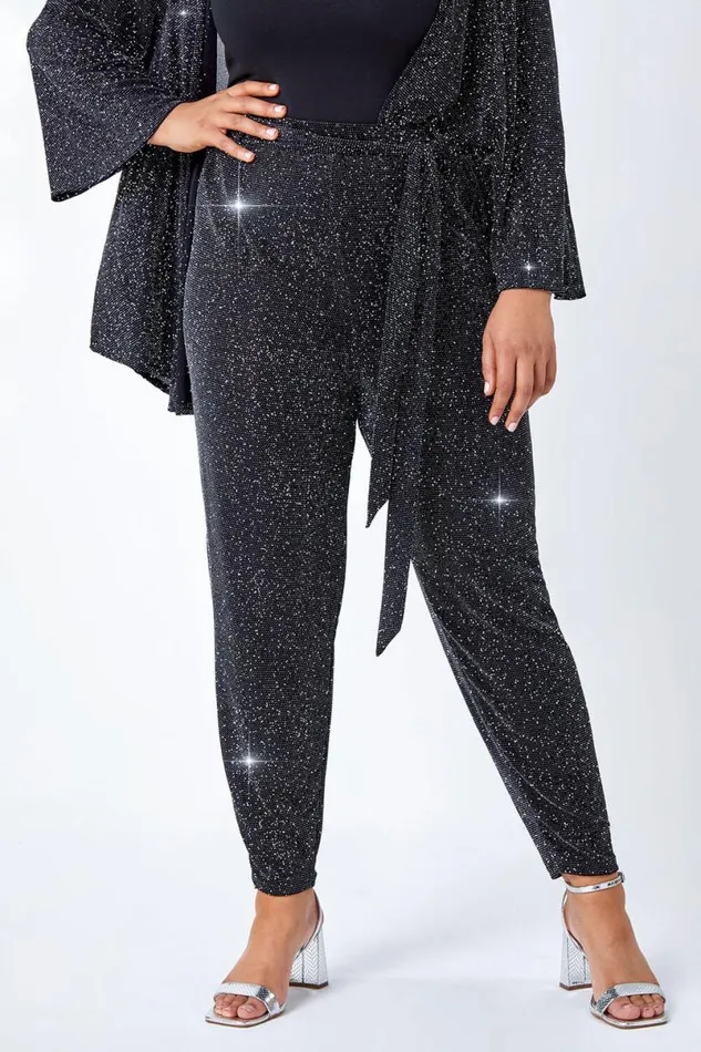 Black Curve Glitter Belted Tapered Stretch Trousers Women Roman Trousers