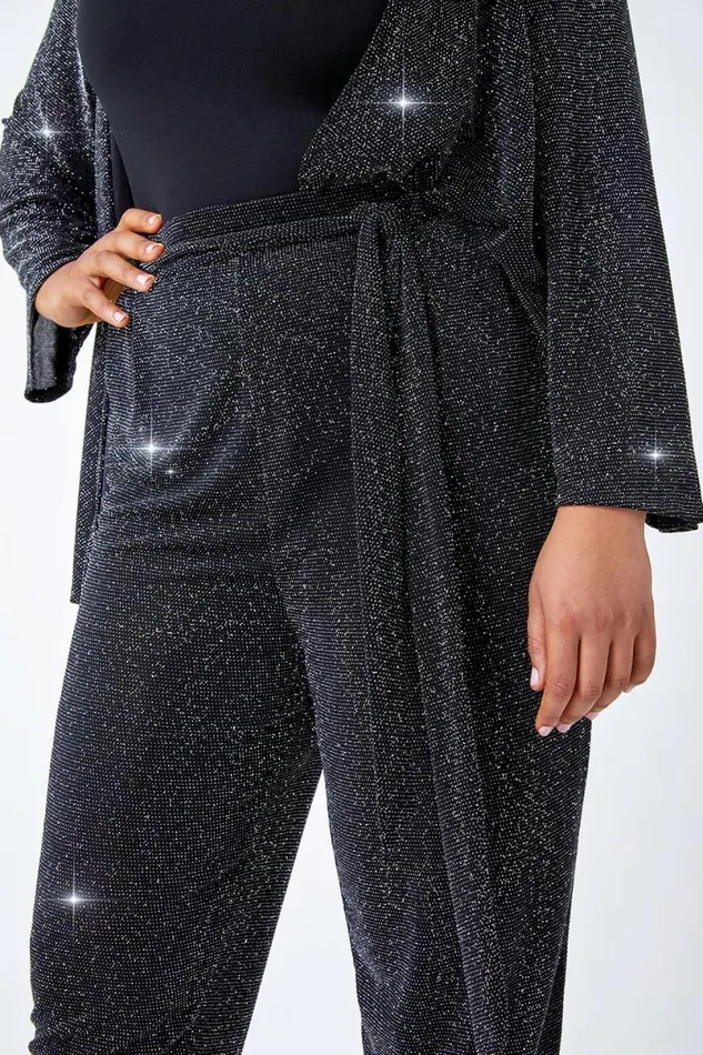 Black Curve Glitter Belted Tapered Stretch Trousers Women Roman Trousers