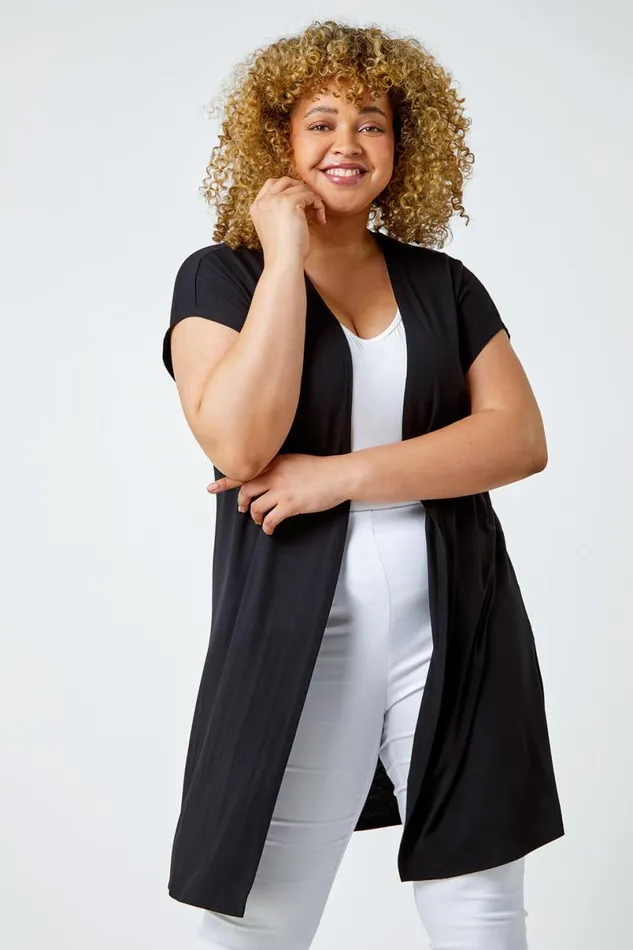 Black Curve Longline Stretch Cardigan Women Roman Tops