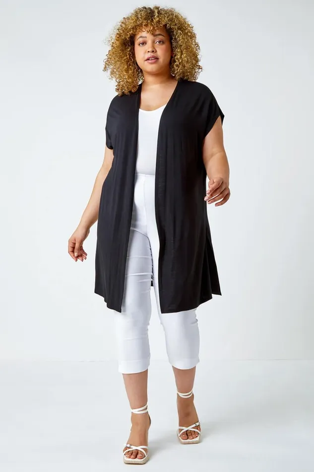 Black Curve Longline Stretch Cardigan Women Roman Tops