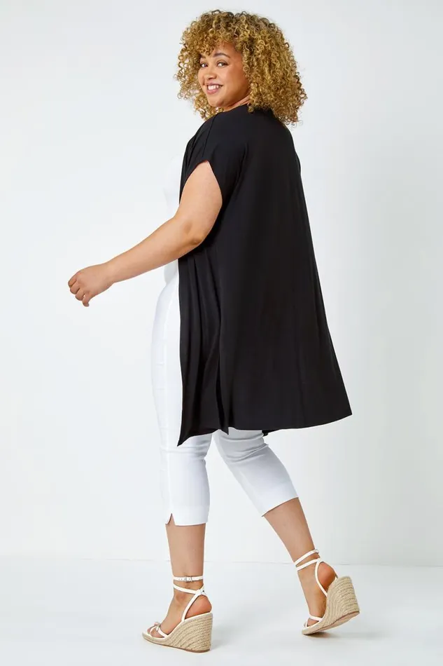 Black Curve Longline Stretch Cardigan Women Roman Tops
