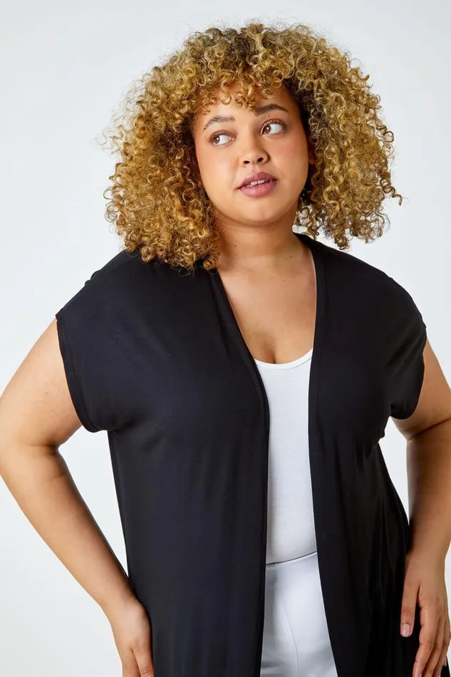 Black Curve Longline Stretch Cardigan Women Roman Tops
