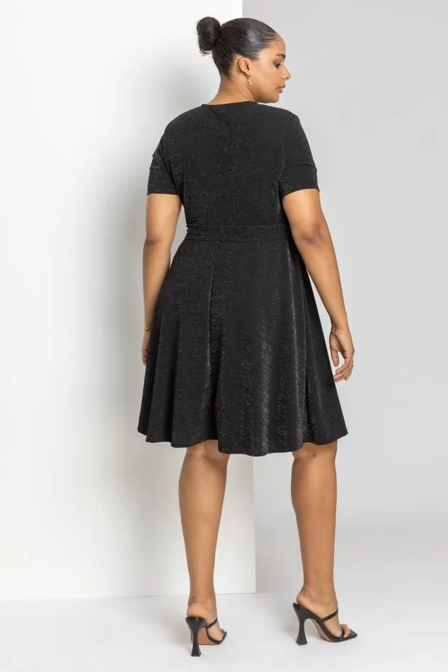 Black Curve Shimmer Wrap Dress Women Roman Dresses