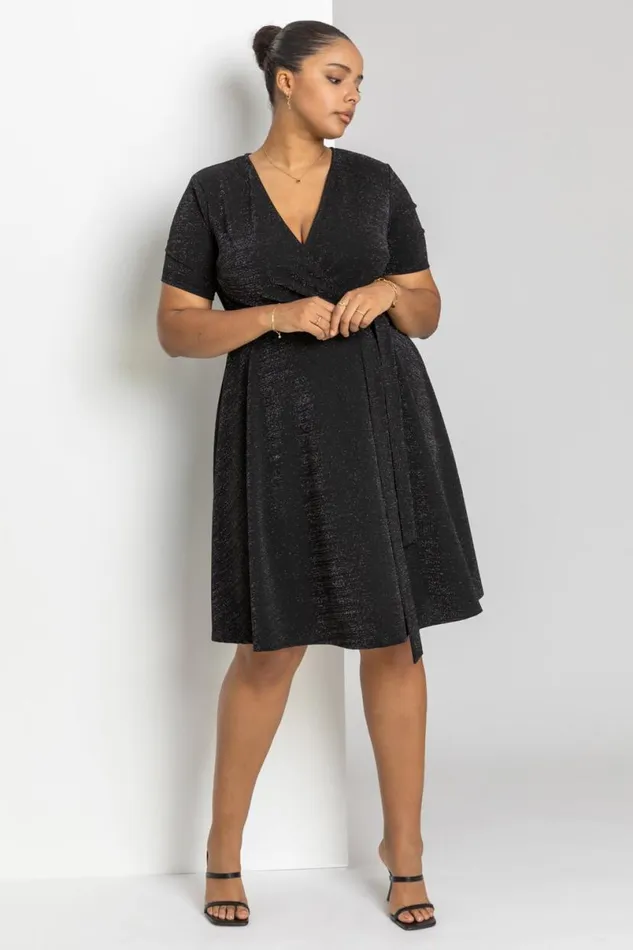Black Curve Shimmer Wrap Dress Women Roman Dresses