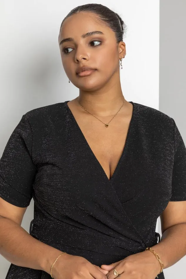 Black Curve Shimmer Wrap Dress Women Roman Dresses