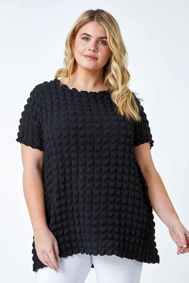 Black Curve Square Textured Stretch Top Women Roman Tops