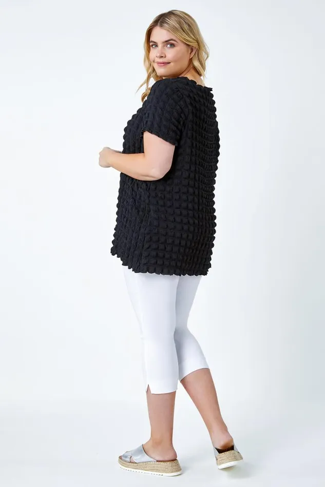 Black Curve Square Textured Stretch Top Women Roman Tops