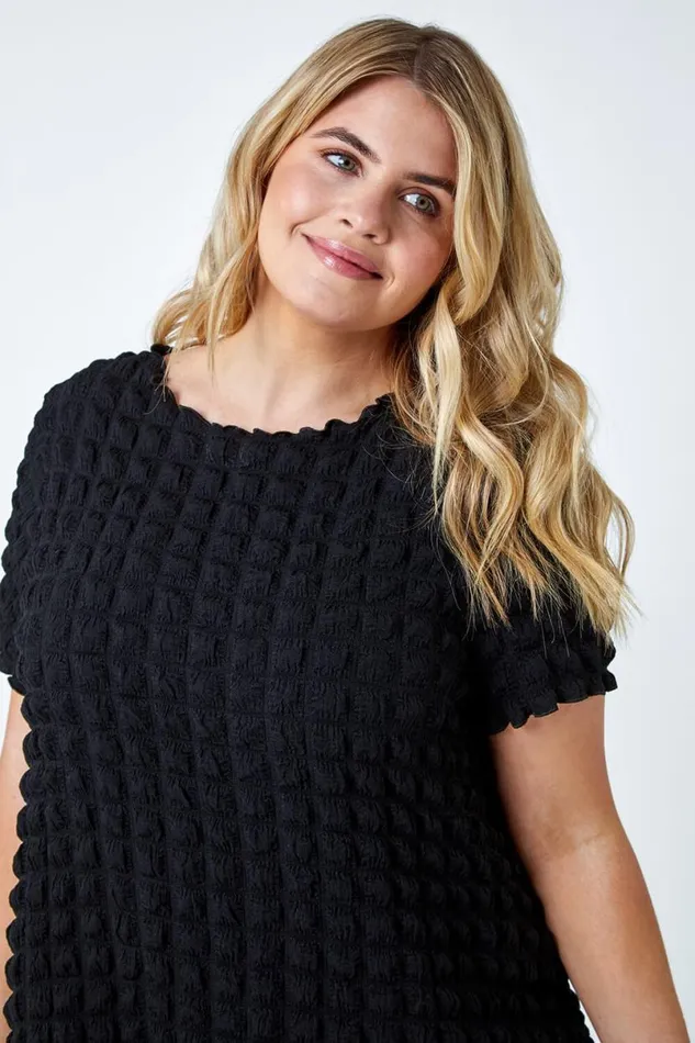 Black Curve Square Textured Stretch Top Women Roman Tops