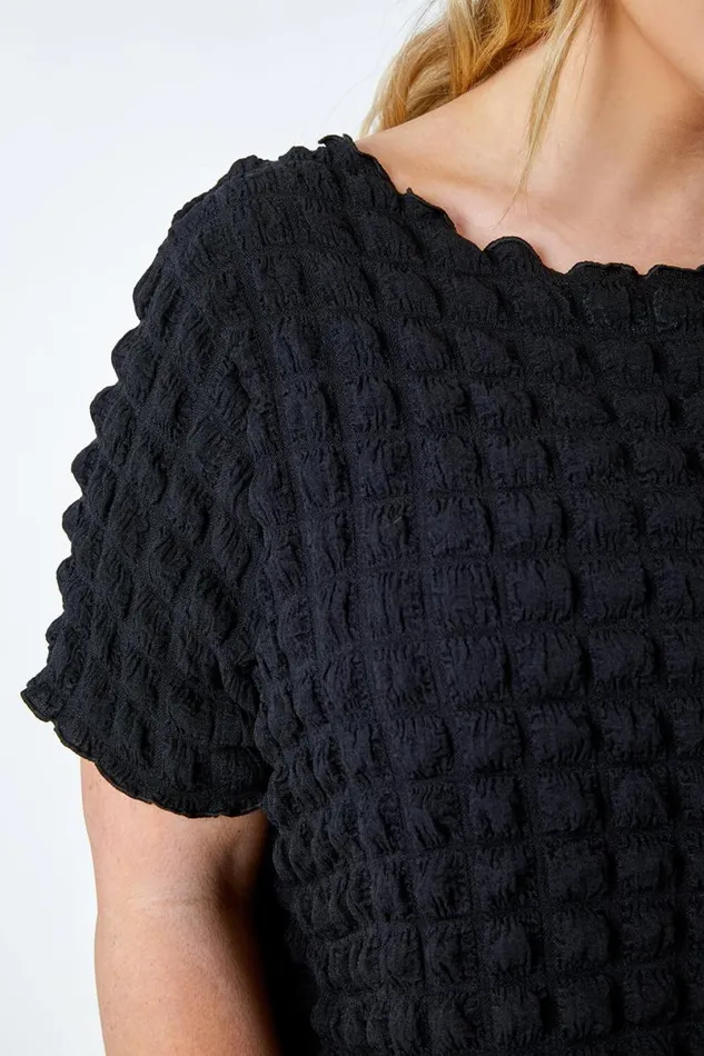 Black Curve Square Textured Stretch Top Women Roman Tops