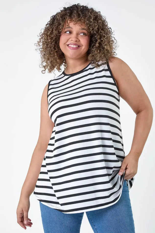 Black Curve Stripe Ribbed Stretch Vest Top Women Roman Tops