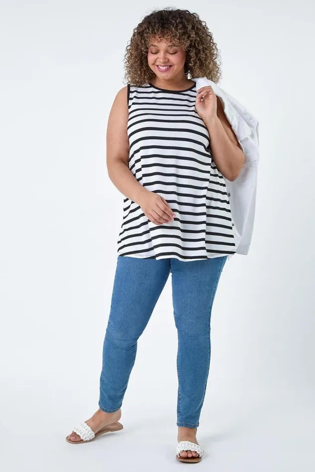 Black Curve Stripe Ribbed Stretch Vest Top Women Roman Tops