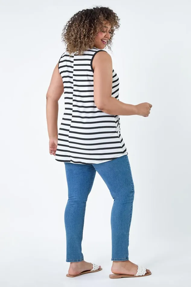 Black Curve Stripe Ribbed Stretch Vest Top Women Roman Tops