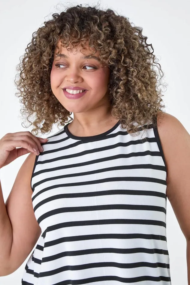 Black Curve Stripe Ribbed Stretch Vest Top Women Roman Tops