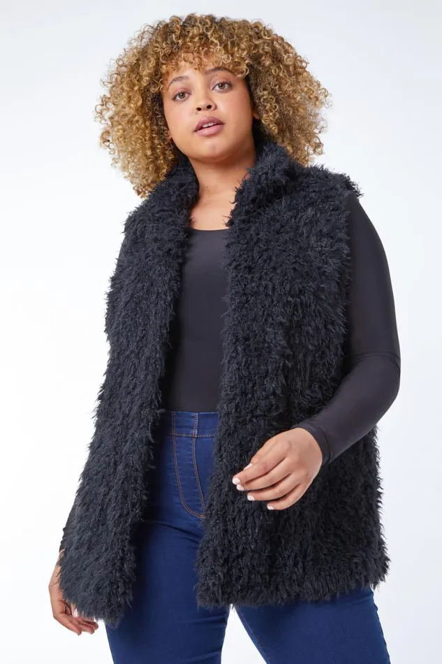 Black Curve Textured Faux Fur Gilet Women Roman Jackets