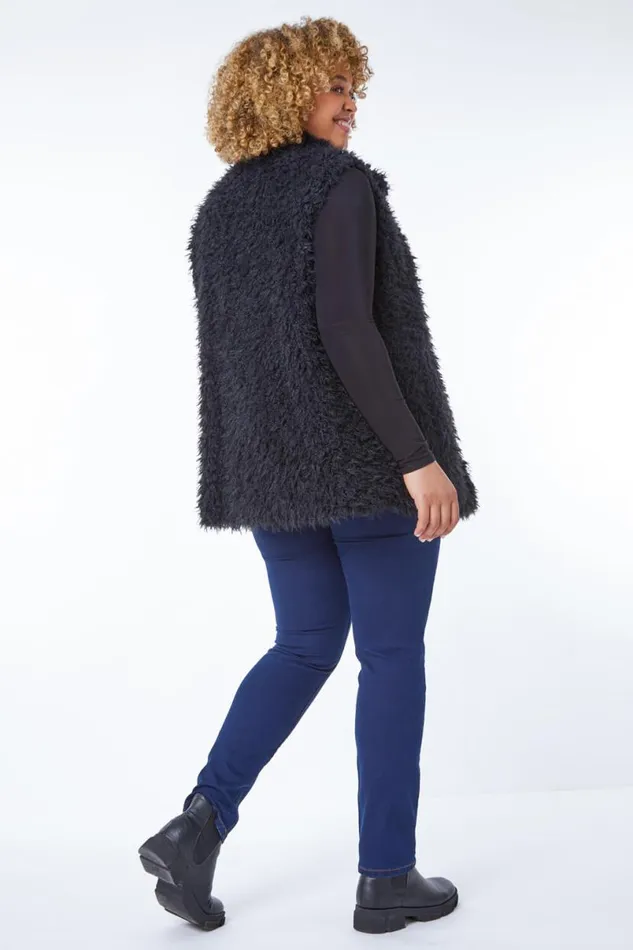 Black Curve Textured Faux Fur Gilet Women Roman Jackets