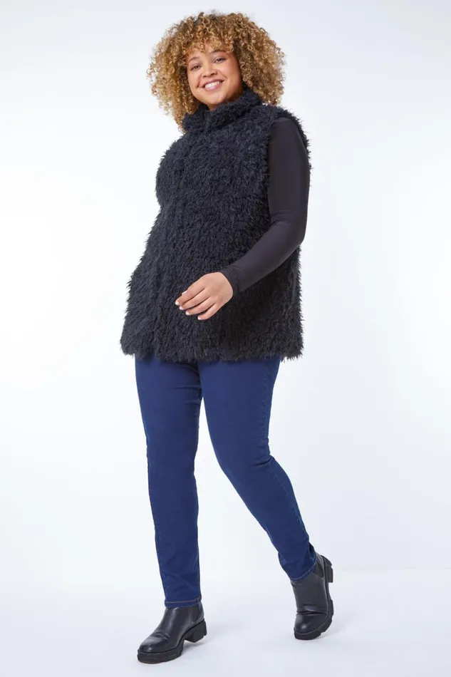 Black Curve Textured Faux Fur Gilet Women Roman Jackets