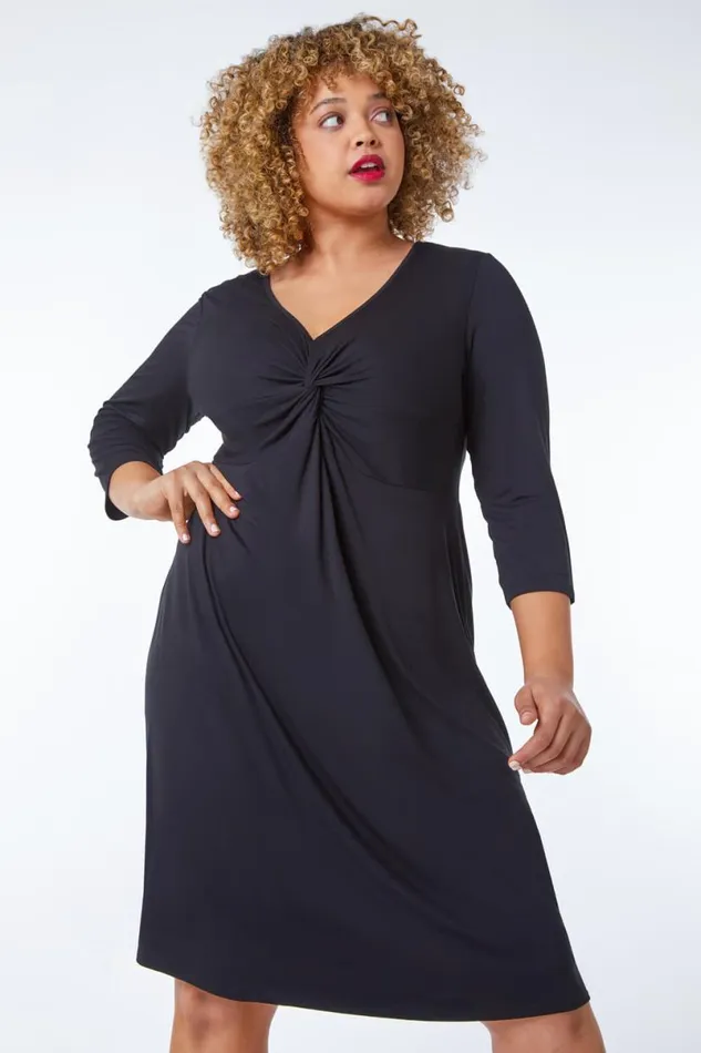 Black Curve Twist Front Detail Dress Women Roman Dresses