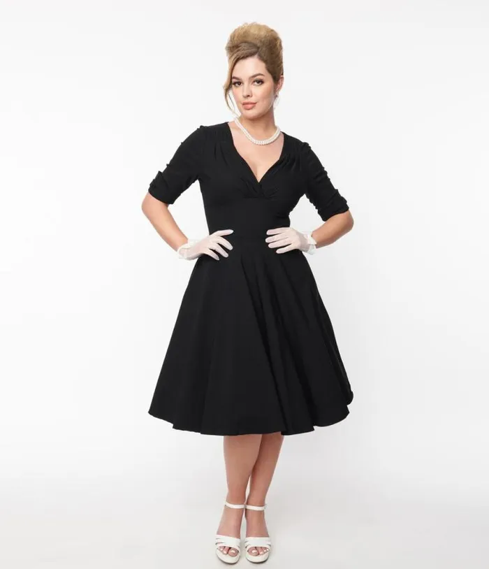 Black Delores Swing Dress With Sleeves Dresses Unique Vintage Pocket Dresses