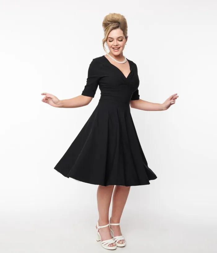 Black Delores Swing Dress With Sleeves Dresses Unique Vintage Pocket Dresses
