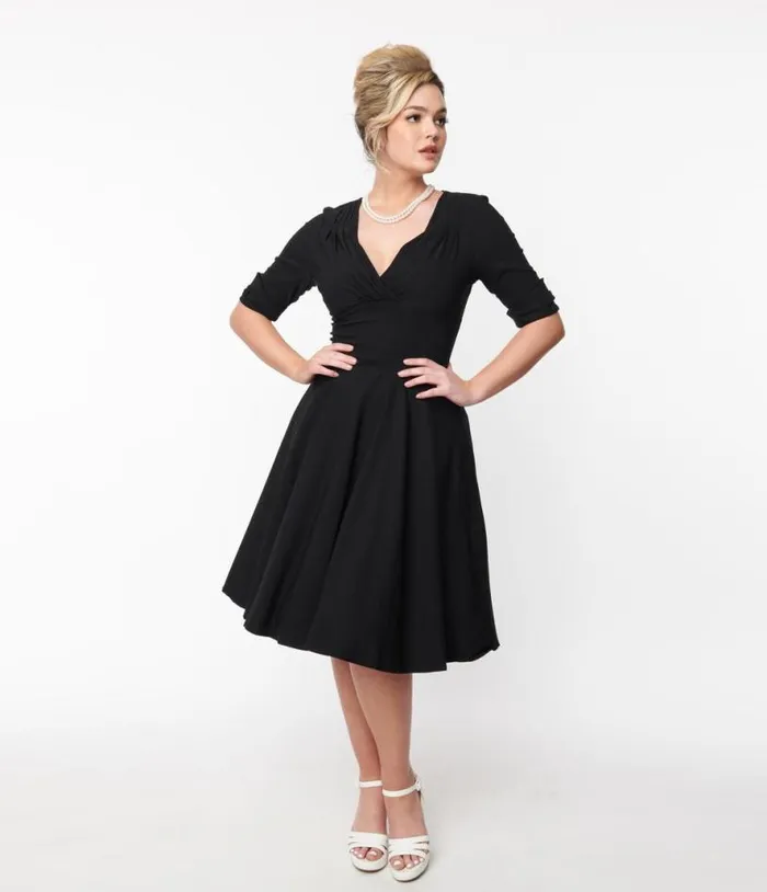 Black Delores Swing Dress With Sleeves Dresses Unique Vintage Pocket Dresses