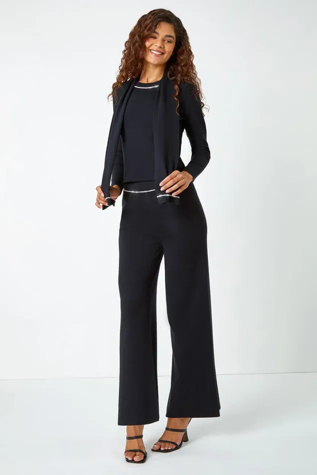 Black Diamante Trim Knitted Top and Scarf Women Roman Tops