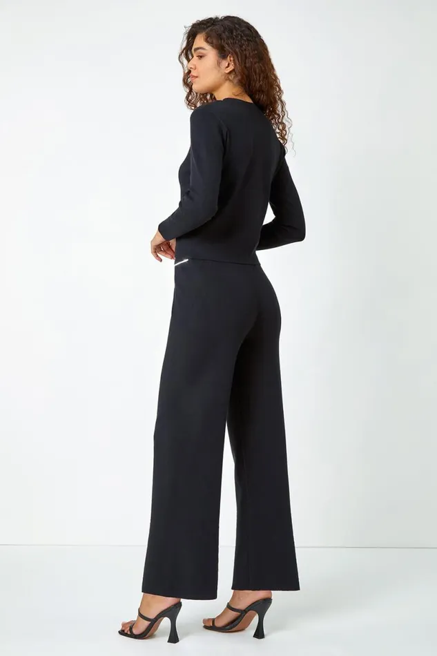 Black Diamante Trim Knitted Top and Scarf Women Roman Tops