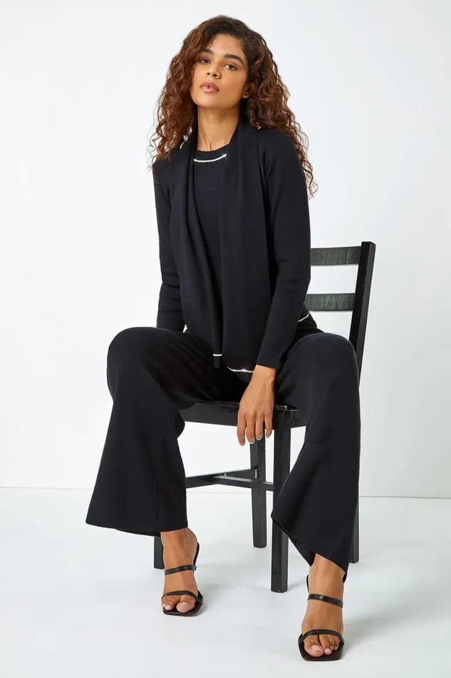 Black Diamante Trim Knitted Top and Scarf Women Roman Tops