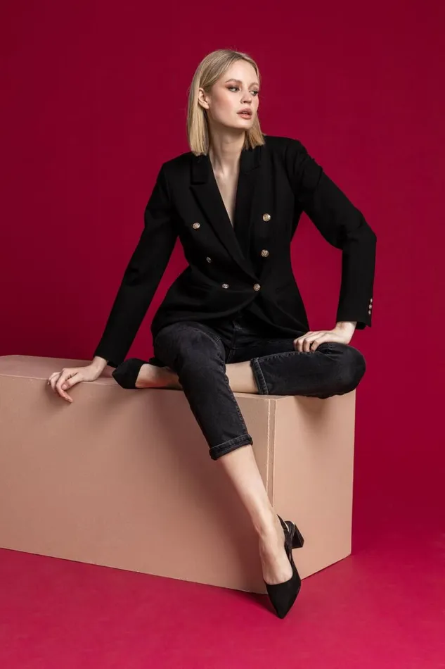 Black Double Breasted Smart Blazer Women Roman Occasionwear