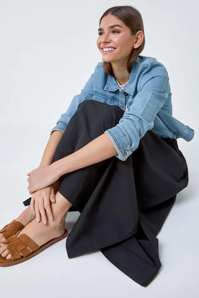 Black Elastic Waist Cotton Poplin A Line Pocket Skirt Women Roman Skirts