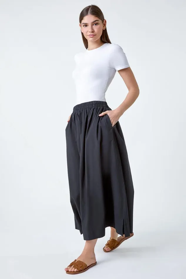Black Elastic Waist Cotton Poplin A Line Pocket Skirt Women Roman Skirts
