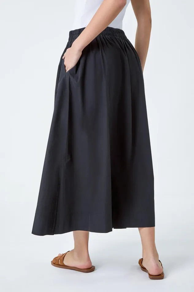 Black Elastic Waist Cotton Poplin A Line Pocket Skirt Women Roman Skirts