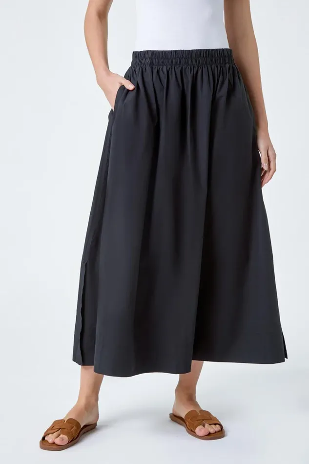 Black Elastic Waist Cotton Poplin A Line Pocket Skirt Women Roman Skirts