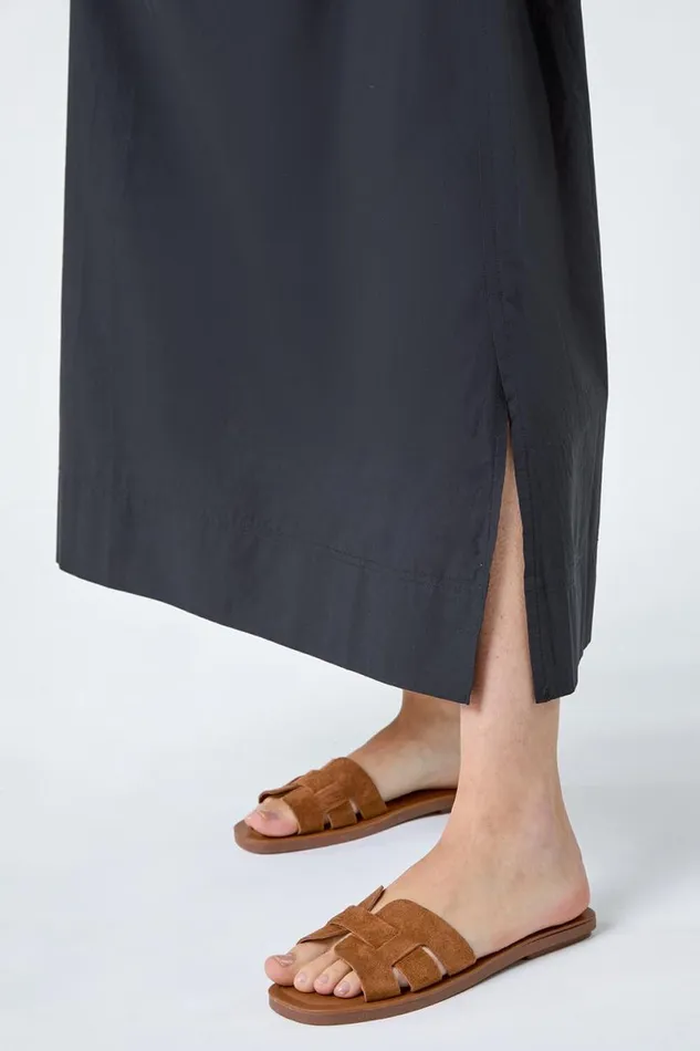 Black Elastic Waist Cotton Poplin A Line Pocket Skirt Women Roman Skirts