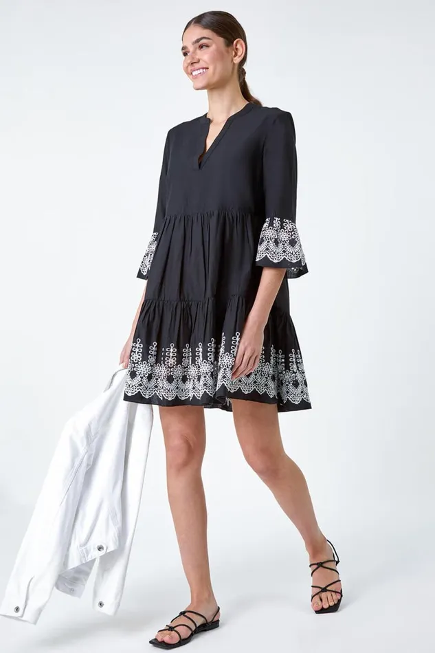 Black Embroidered Cotton Smock Dress Women Roman Dresses