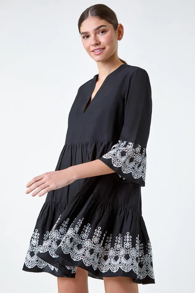 Black Embroidered Cotton Smock Dress Women Roman Dresses