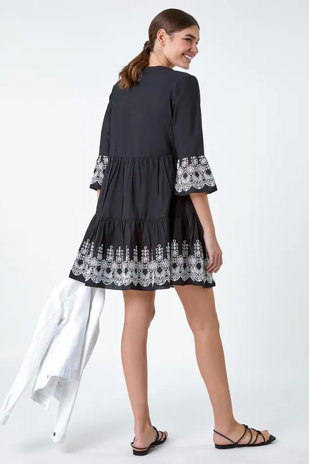 Black Embroidered Cotton Smock Dress Women Roman Dresses