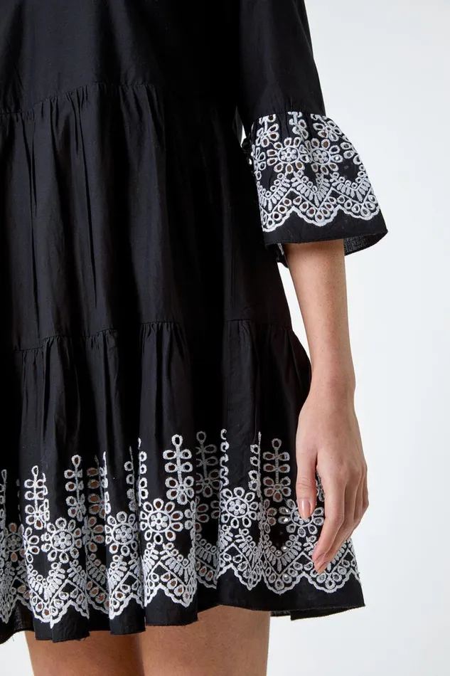Black Embroidered Cotton Smock Dress Women Roman Dresses