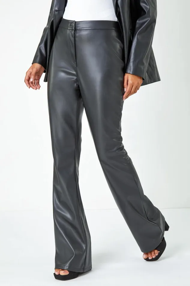Black Faux Leather Bootcut Stretch Trousers Women Roman Trousers